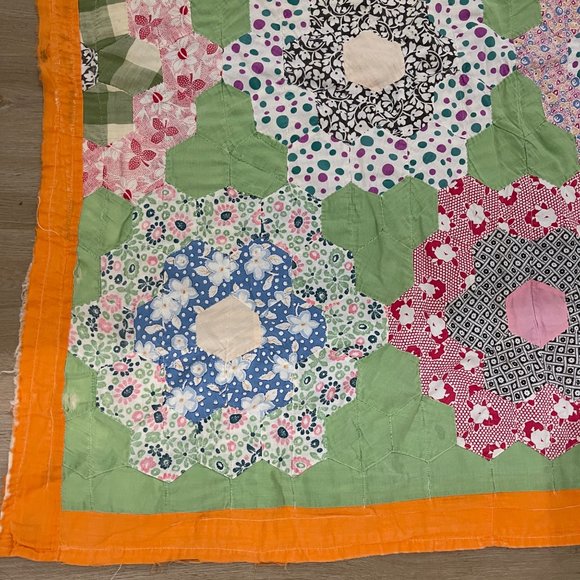 Vintage Flower Garden Quilt 77x59 Green Background Orange Border Victor - Picture 7 of 11